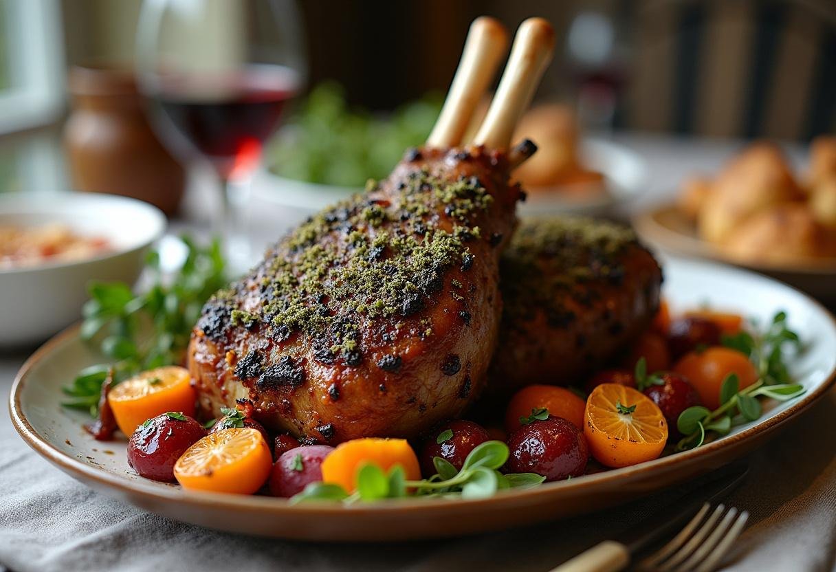 Garnished Ultimate Spring Herb-Crusted Lamb Roast on a platter, perfect for festive spring gatherings.