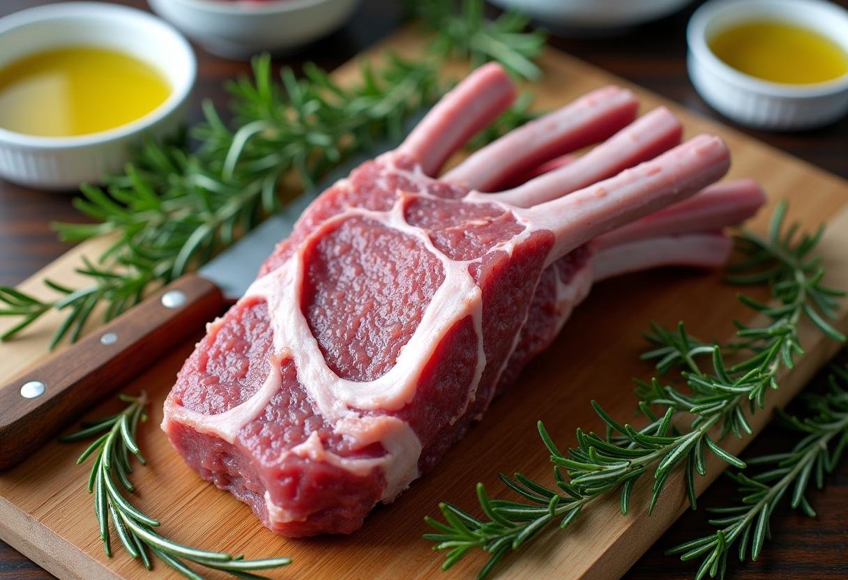 Preparing rack of lamb with fresh herbs for Ultimate Spring Herb-Crusted Lamb Roast.