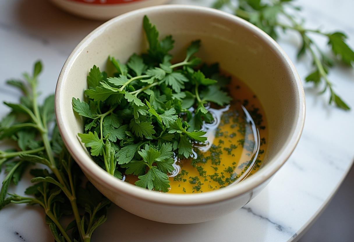 Mixing fresh herbs and olive oil for the herb crust of the Ultimate Spring Herb-Crusted Lamb Roast.