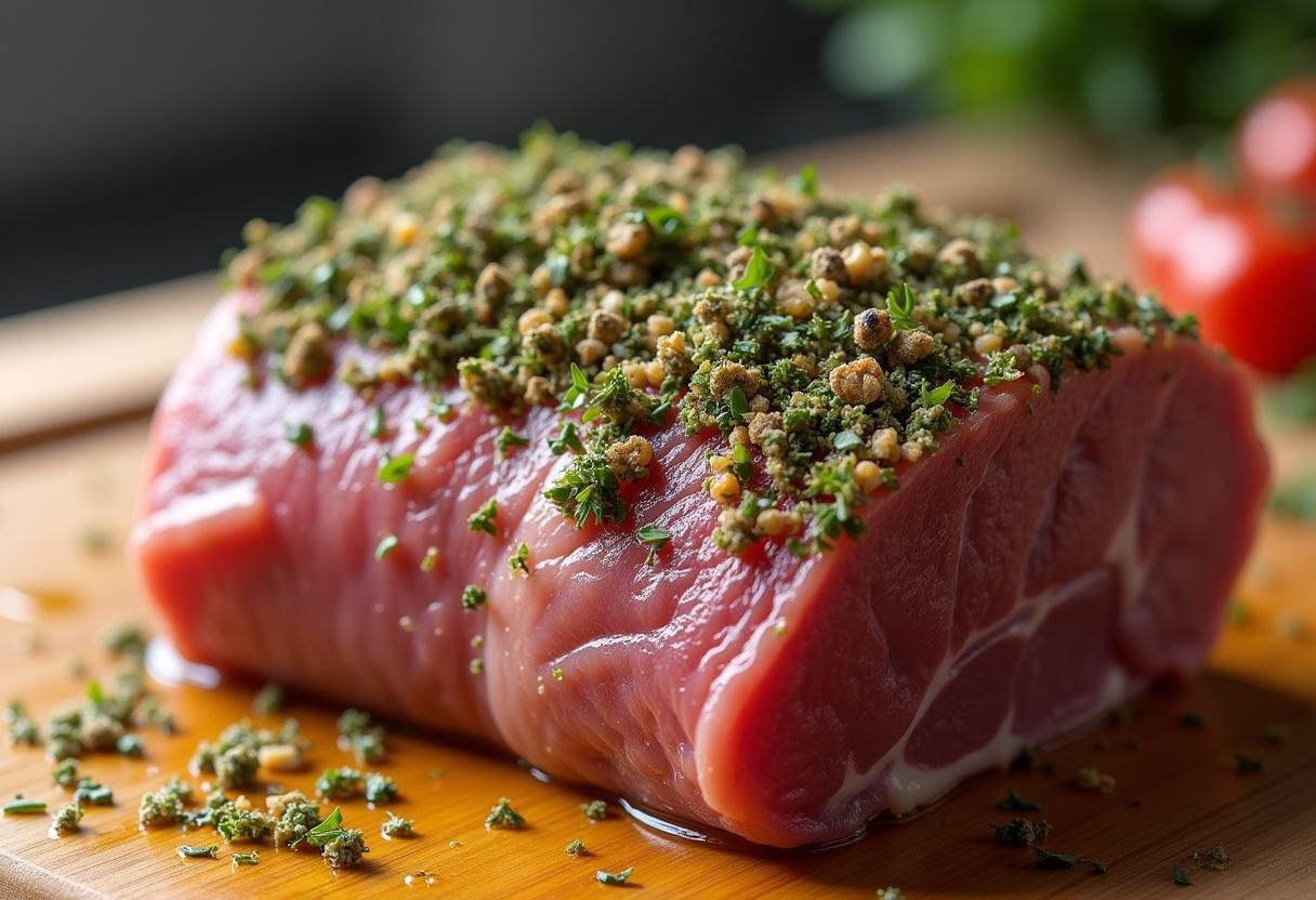 Herb mixture being applied to the rack of lamb for crusting in Ultimate Spring Herb-Crusted Lamb Roast preparation.
