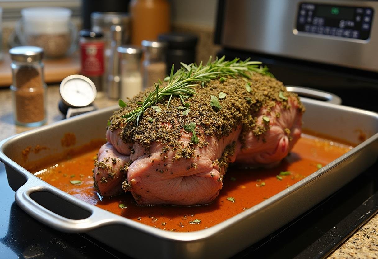 Herb-coated lamb roast ready for the oven in preparation for Ultimate Spring Herb-Crusted Lamb Roast.