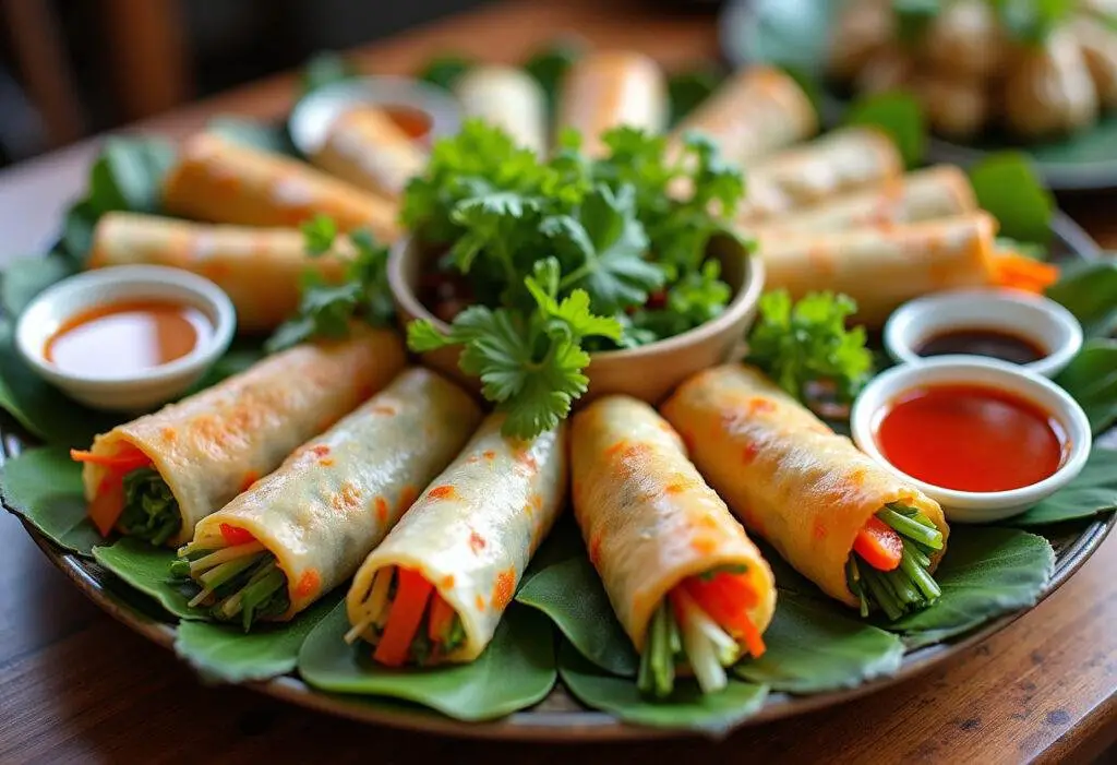Assorted Vegetable Spring Rolls on a platter, perfect for sharing at parties or gatherings.