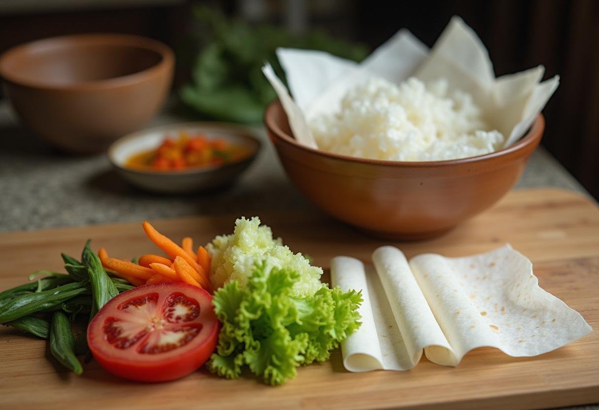 Rice paper sheets and fresh vegetables arranged for wrapping Vegetable Spring Rolls.