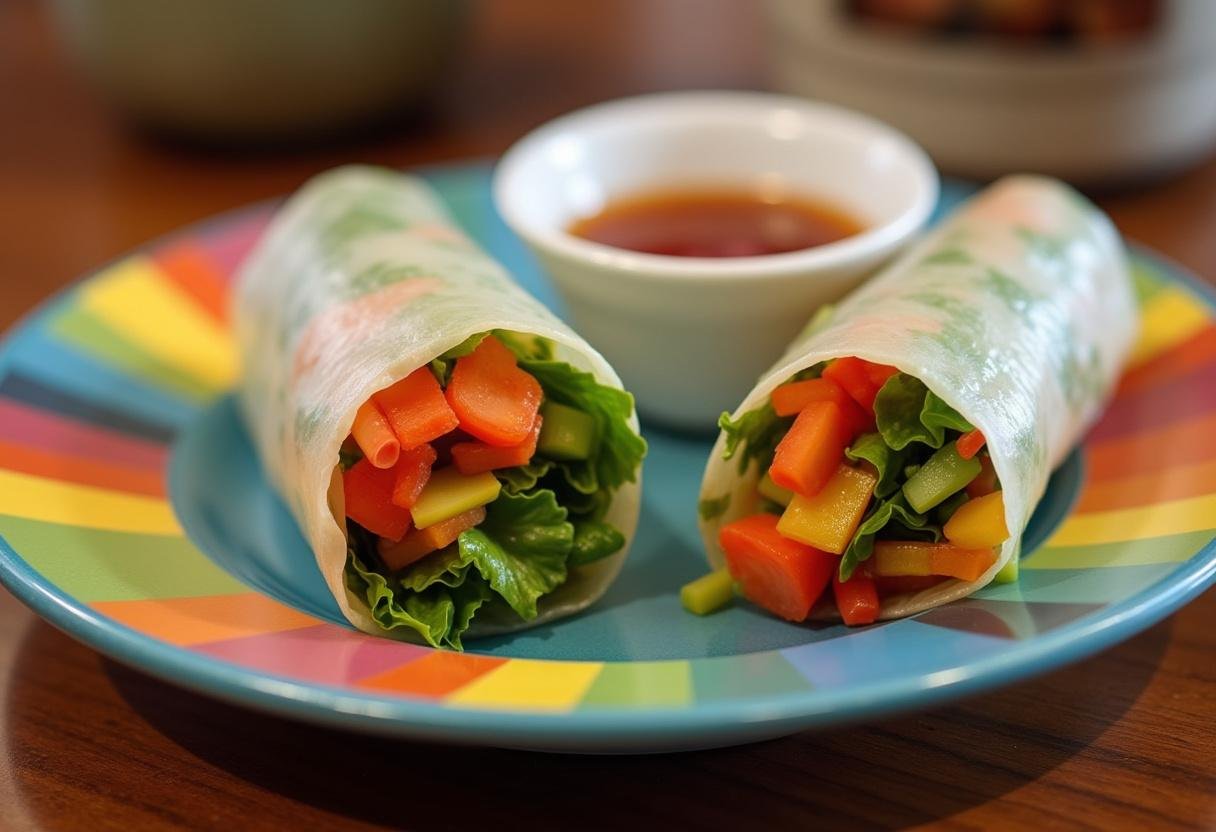 Close-up of a freshly rolled Vegetable Spring Roll, highlighting the vibrant ingredients and served with dipping sauce.
