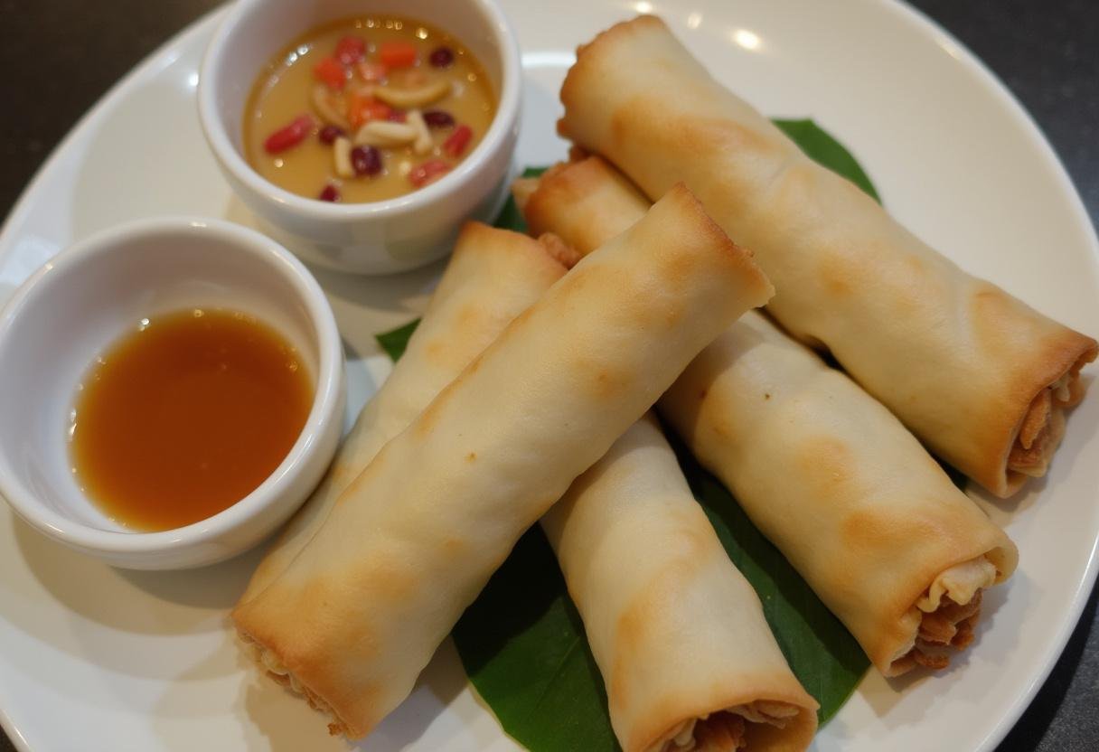 Plate of Vegetable Spring Rolls with peanut sauce, showcasing a delicious appetizer.