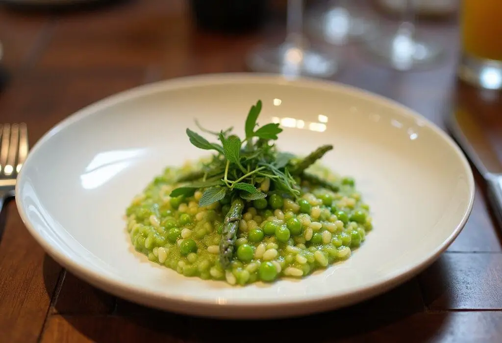 Finished vibrant asparagus and pea risotto beautifully plated and ready to enjoy.