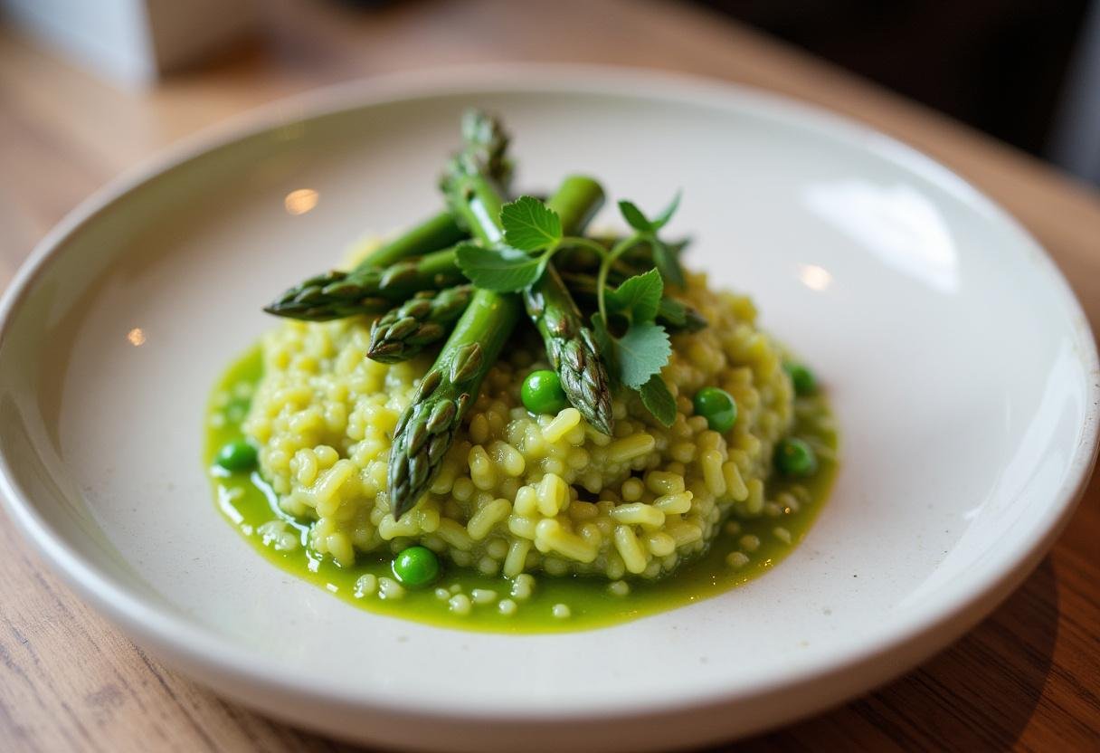 Finished vibrant asparagus and pea risotto beautifully plated and ready to enjoy.