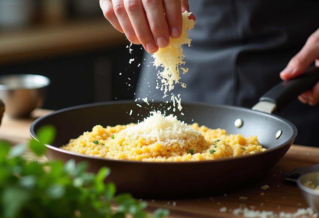 Adding grated Parmesan cheese to vibrant asparagus and pea risotto for extra flavor.