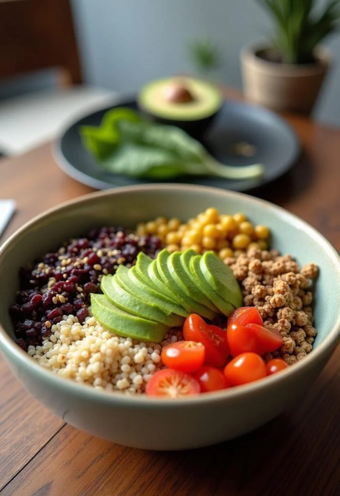 Beautifully presented quinoa and avocado Buddha bowl, perfect for a wholesome and nutritious meal.