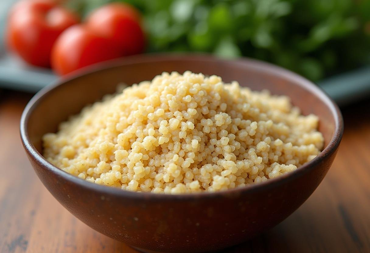 Cooked quinoa prepared for a wholesome avocado and quinoa Buddha bowl.