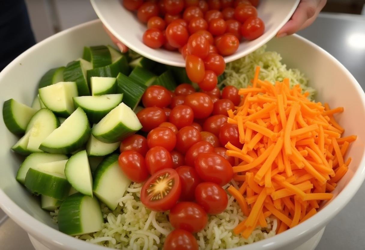 Fresh vegetables added to a quinoa and avocado Buddha bowl, enhancing its nutritional value.