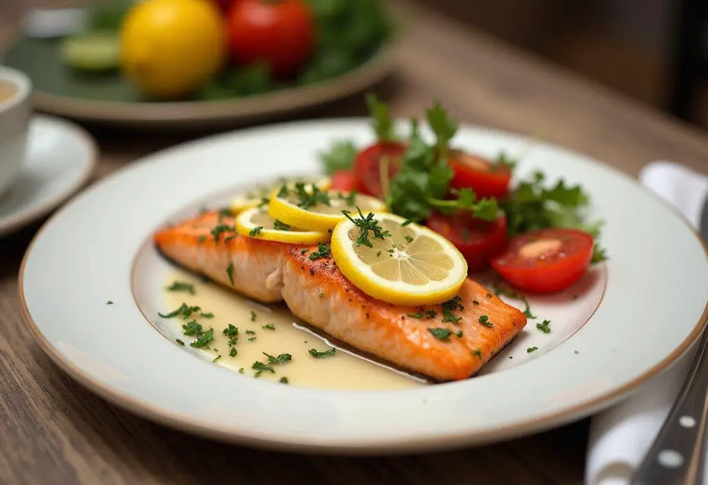 Completed Zesty Lemon Herb Salmon Fillet with garnishes, perfect presentation for a meal.