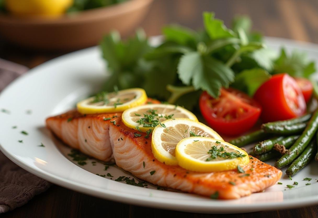 Completed Zesty Lemon Herb Salmon Fillet with garnishes, perfect presentation for a meal.