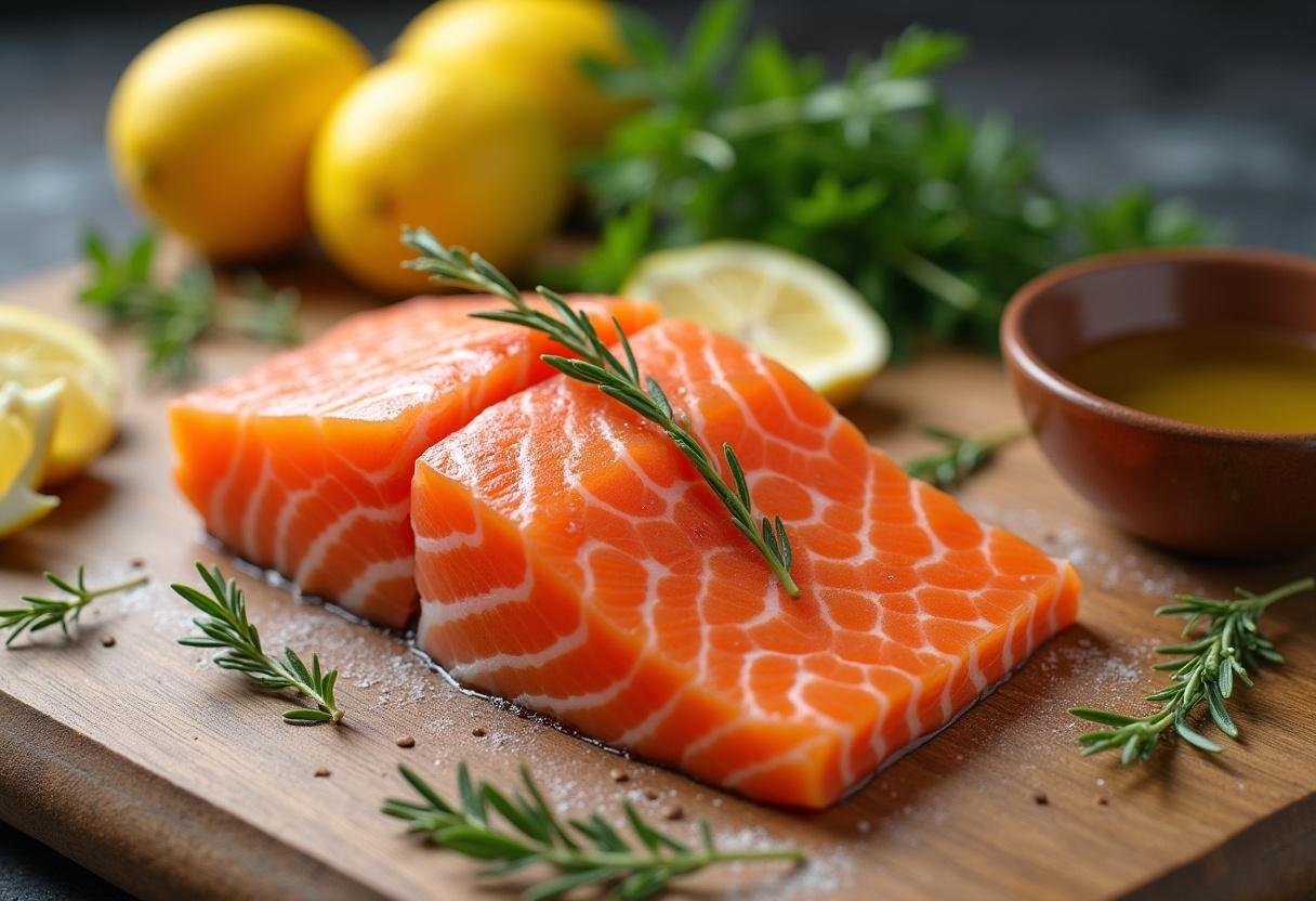 Fresh salmon fillet with lemons and herbs on a cutting board for Zesty Lemon Herb Salmon Fillet.