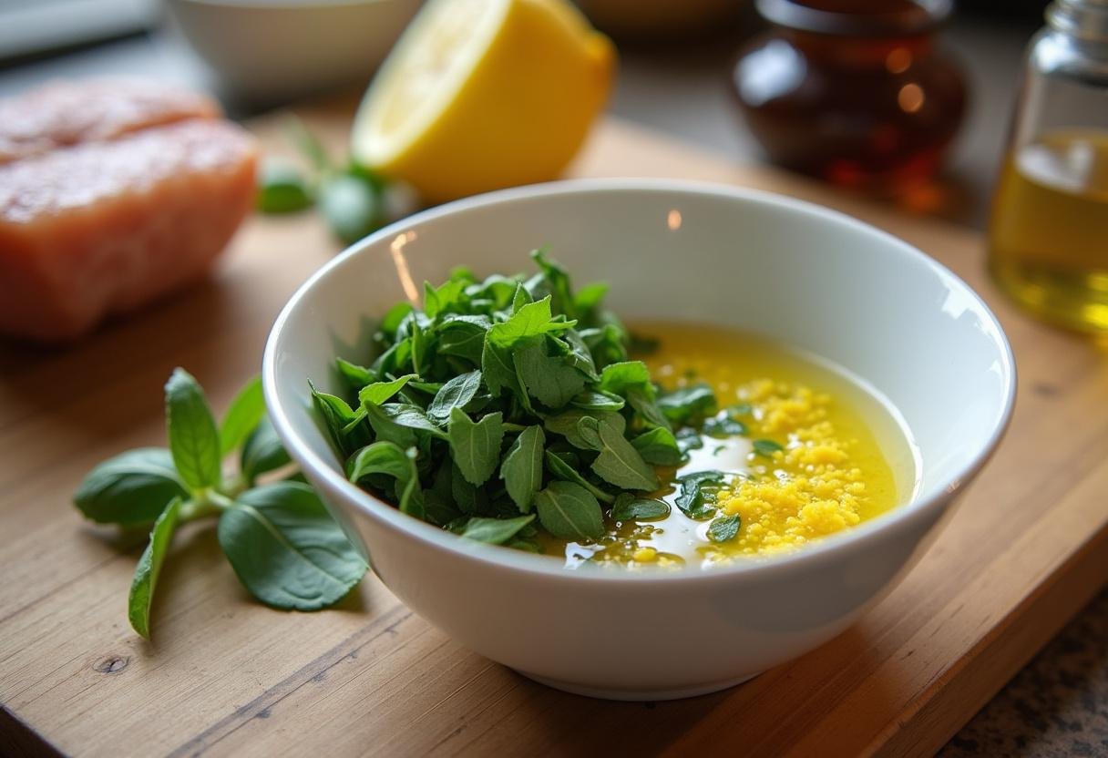 Herbs and lemon zest being mixed for the marinade in Zesty Lemon Herb Salmon Fillet recipe.