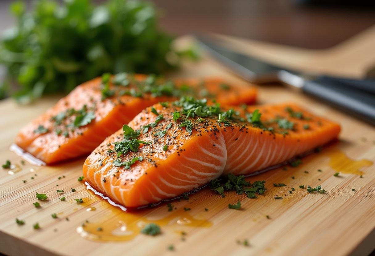 Marinated salmon fillet coated with zesty herb mixture for Zesty Lemon Herb Salmon Fillet.