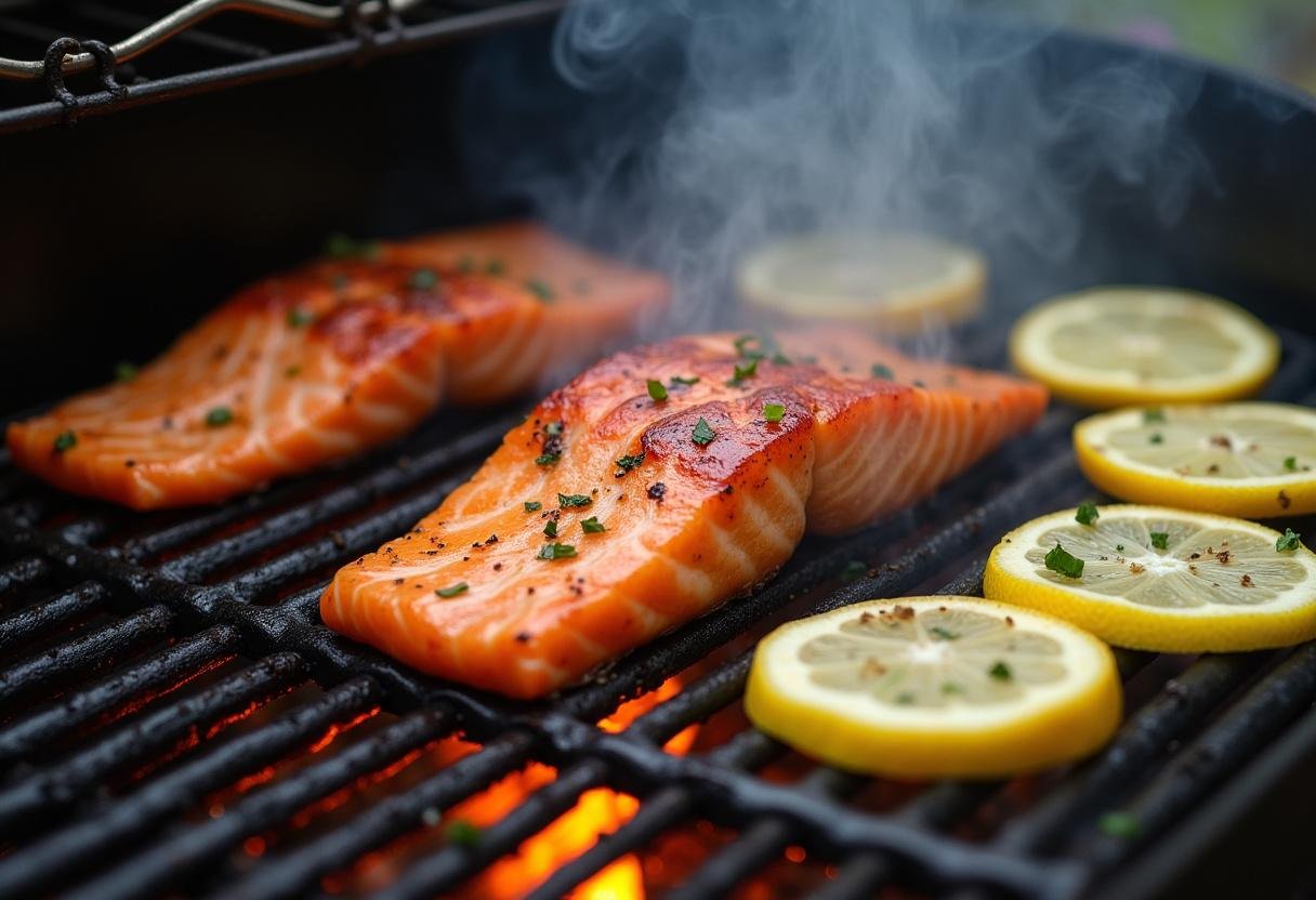 Marinated salmon fillet on the grill being cooked for Zesty Lemon Herb Salmon Fillet.