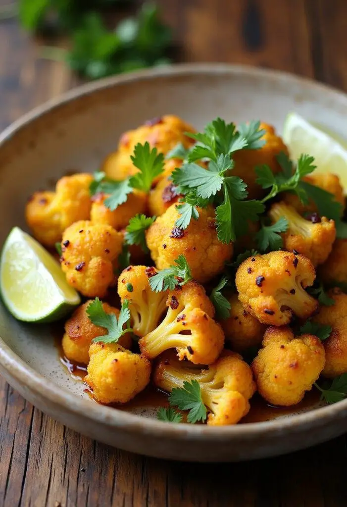 Deliciously roasted Zesty Taco Seasoned Cauliflower garnished with cilantro and lime, perfect for any meal.
