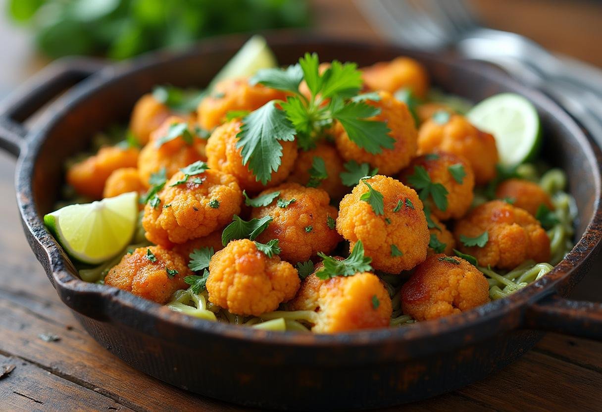 Deliciously roasted Zesty Taco Seasoned Cauliflower garnished with cilantro and lime, perfect for any meal.