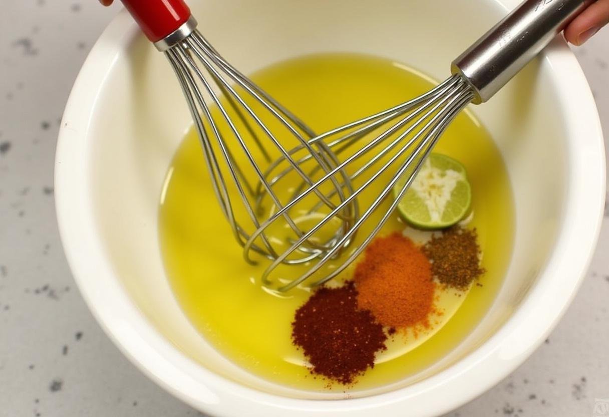 Mixing olive oil and taco seasoning for roasting cauliflower in Zesty Taco Seasoned Roasted Cauliflower recipe.