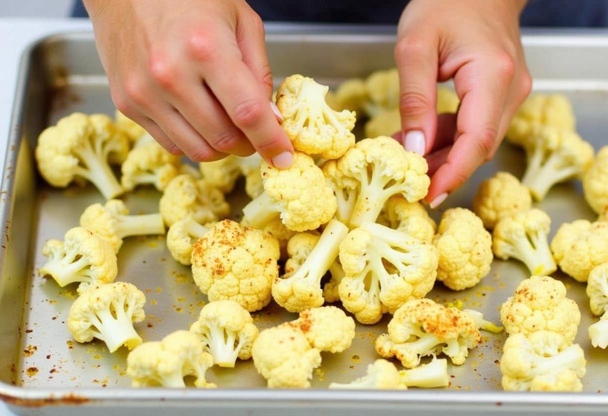 Cauliflower florets tossed in zesty taco seasoning mixture ready for roasting.
