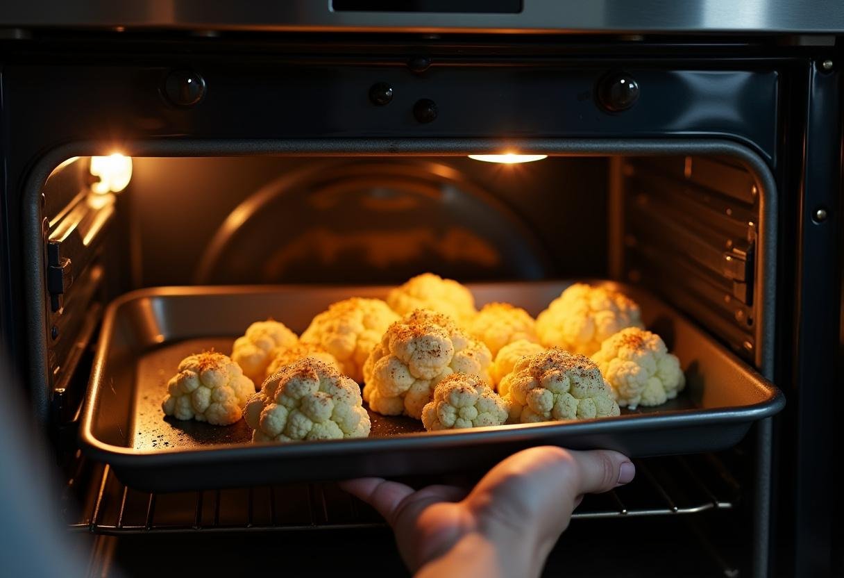 Seasoned cauliflower being placed in the oven to roast for Zesty Taco Seasoned Roasted Cauliflower.