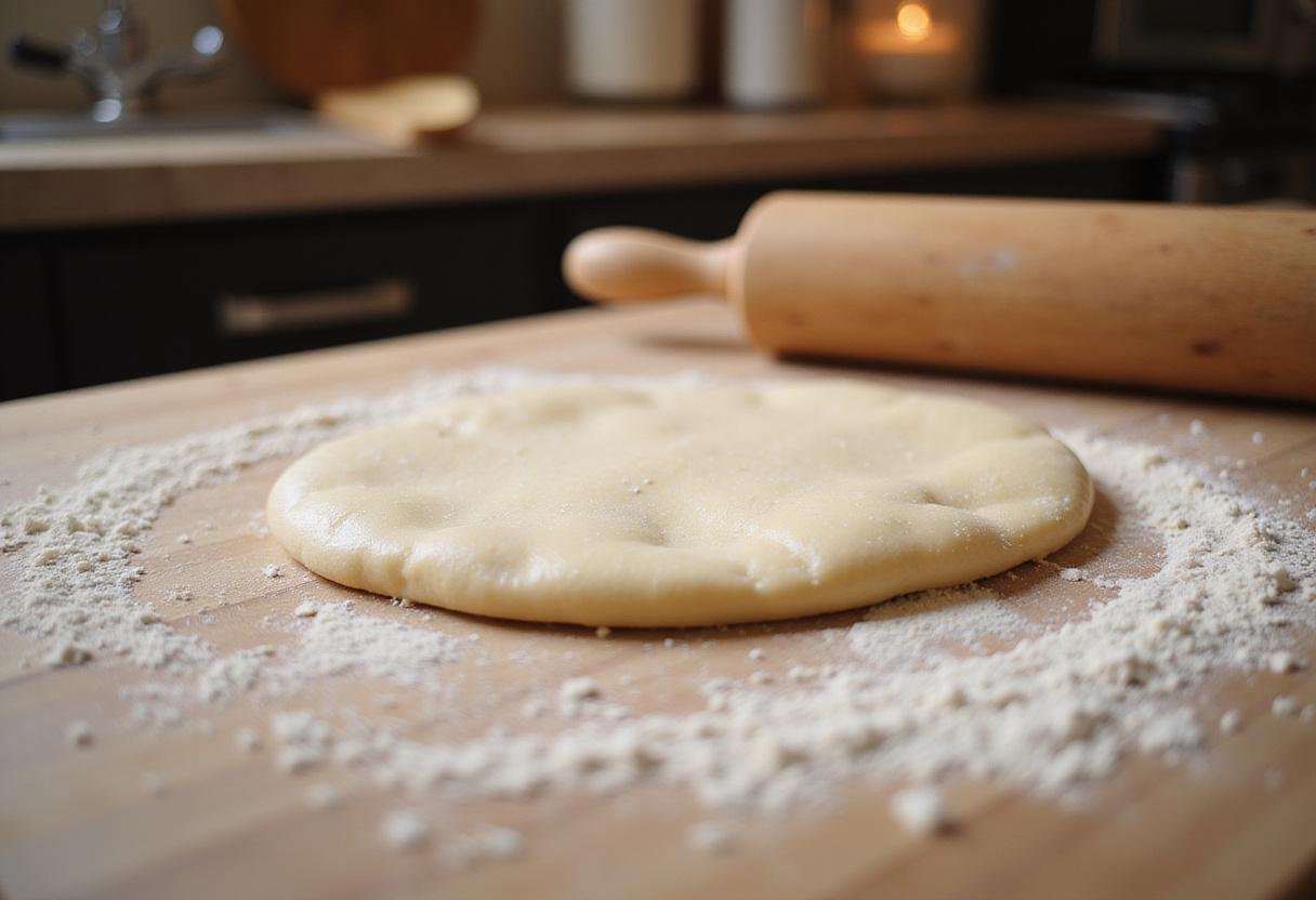 Rolling out pizza dough for A and G's Gourmet Pizza in a cozy kitchen setting.