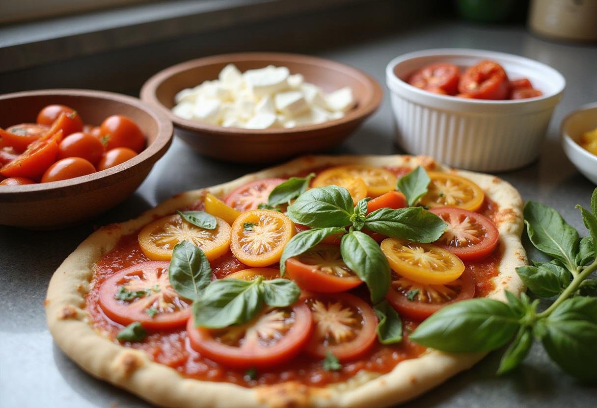 Preparing fresh toppings for A and G's Pizza, featuring tomatoes, peppers, and mozzarella cheese.