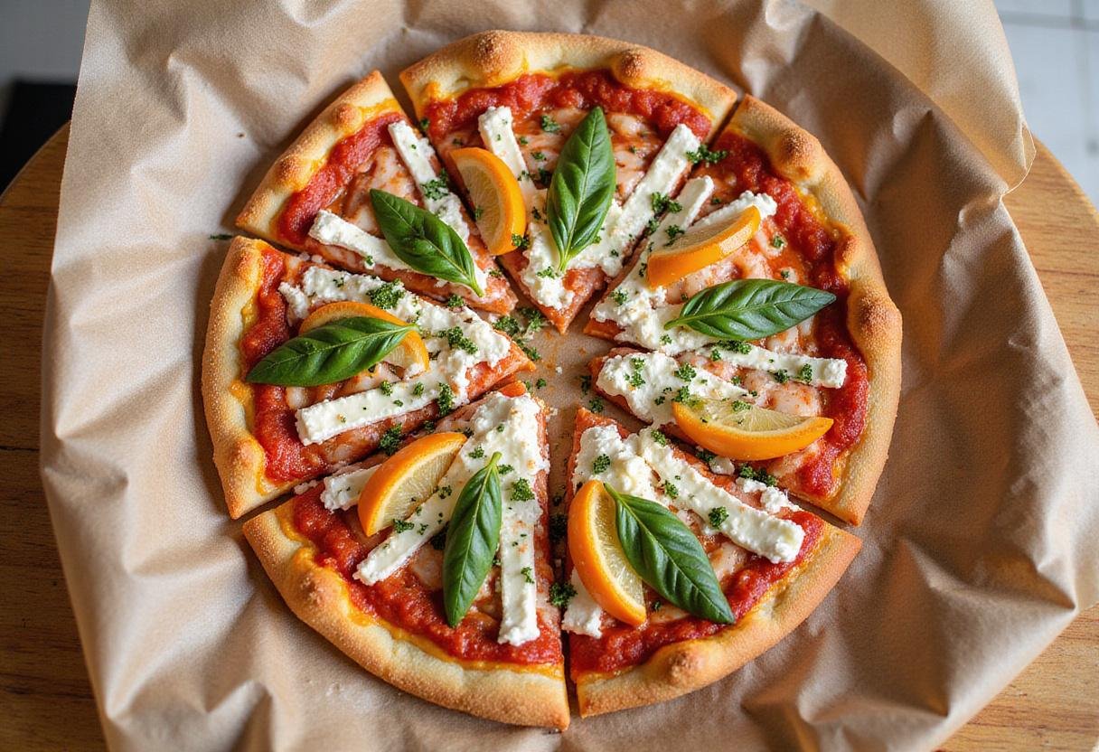 Assembling A and G's Gourmet Pizza with tomato sauce, mozzarella cheese, and fresh vegetables.
