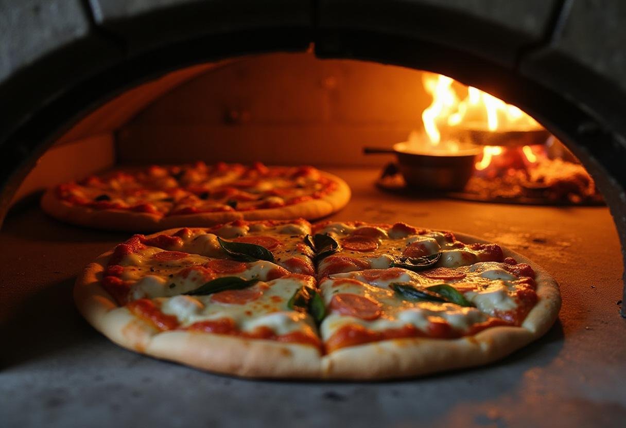Putting A and G's Pizza into the oven for baking, showcasing a lively pizza making atmosphere.