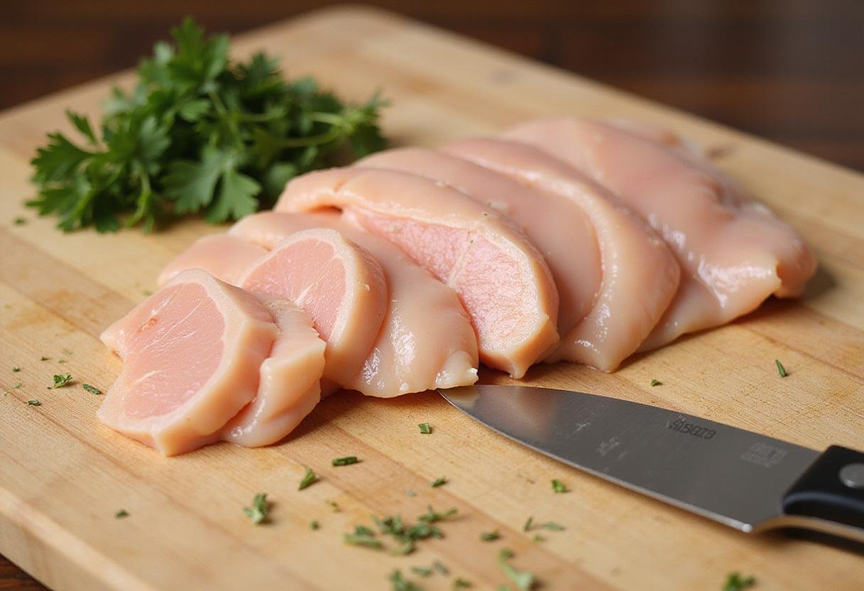 Sliced chicken breasts ready for crack chicken tenders preparation, showcasing fresh ingredients for addictive crack chicken strips.