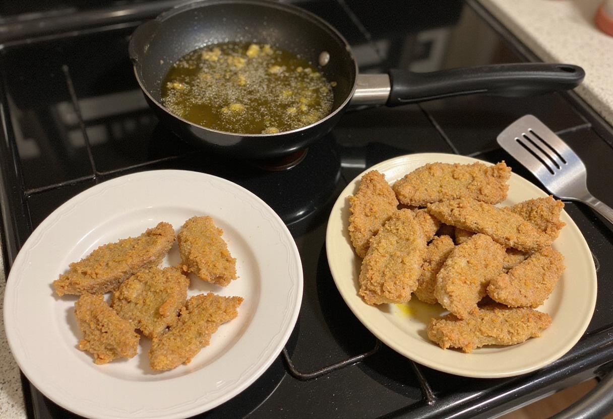 Oil heating in a skillet for frying addictive crack chicken strips, with coated chicken ready to be transformed into tender, flavorful tenders.