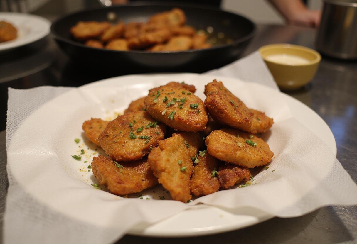 Golden brown crack chicken tenders resting on a paper towel, showcasing the perfect texture for addictive chicken strips after frying.