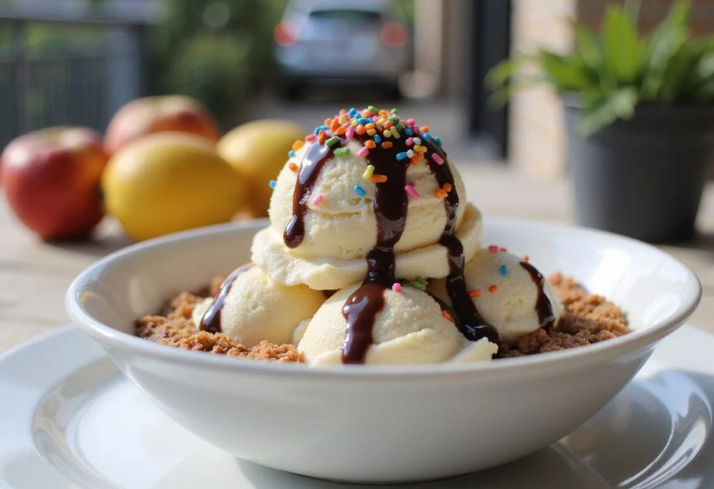 Final presentation of delicious aice cream in a bowl with sprinkles and chocolate syrup, ideal for a refreshing treat.