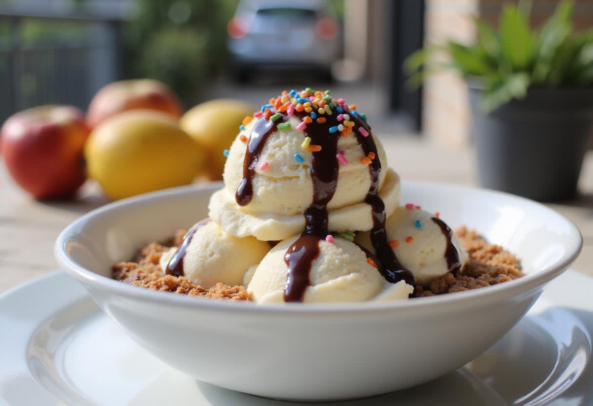 Final presentation of delicious aice cream in a bowl with sprinkles and chocolate syrup, ideal for a refreshing treat.