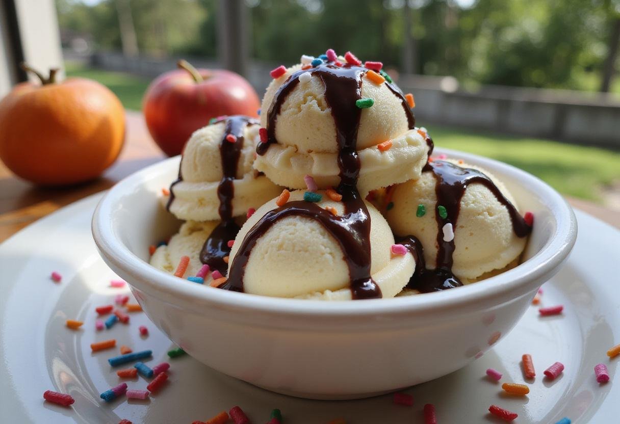 Final presentation of delicious aice cream in a bowl with sprinkles and chocolate syrup, ideal for a refreshing treat.