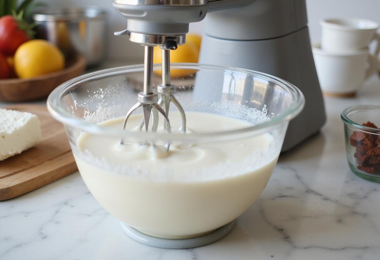 Making aice cream mixture with milk and cream in a bright kitchen, perfect for delicious aice-cream.
