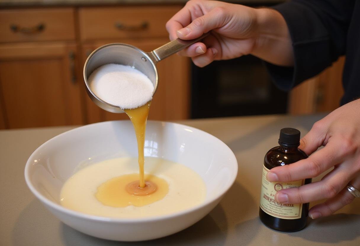 Adding sugar and vanilla extract to create a rich mix for aice cream in a cozy kitchen, ensuring a great flavor.
