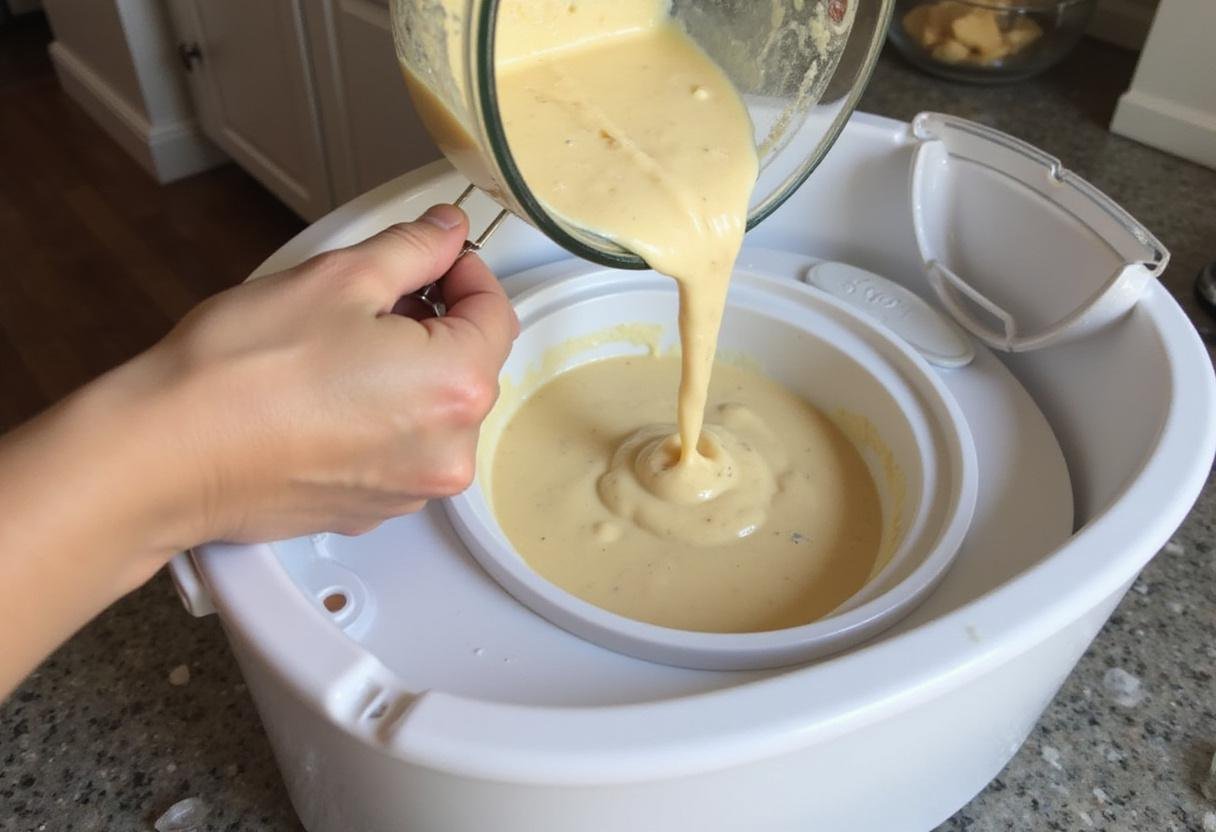 Transferring aice cream mixture into an ice cream maker, showcasing the process of creating smooth aice-cream.