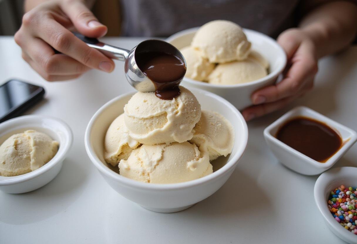 Scooping fresh aice cream into bowls, ready to be topped with delicious decorations for enjoyment.