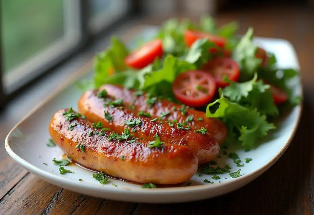 Deliciously served air fryer chicken sausages on a plate, garnished for a delightful dining experience.
