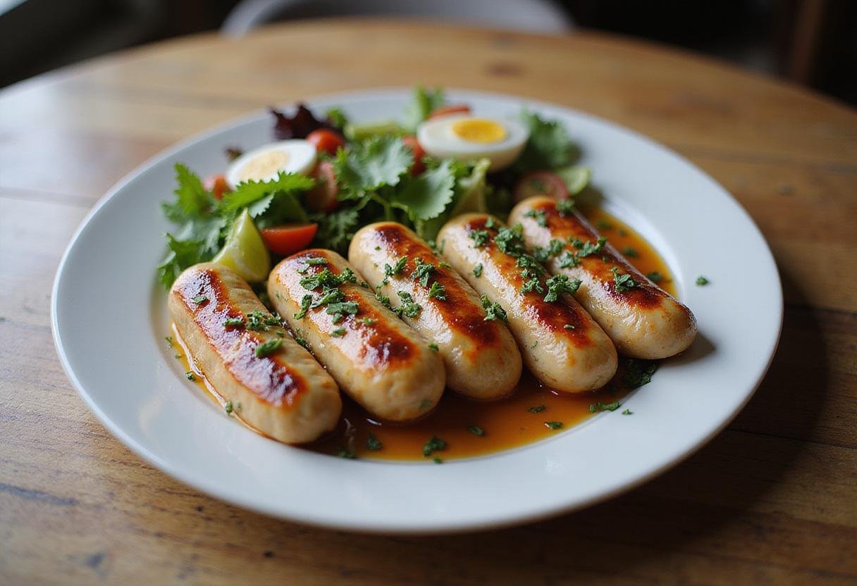Deliciously served air fryer chicken sausages on a plate, garnished for a delightful dining experience.