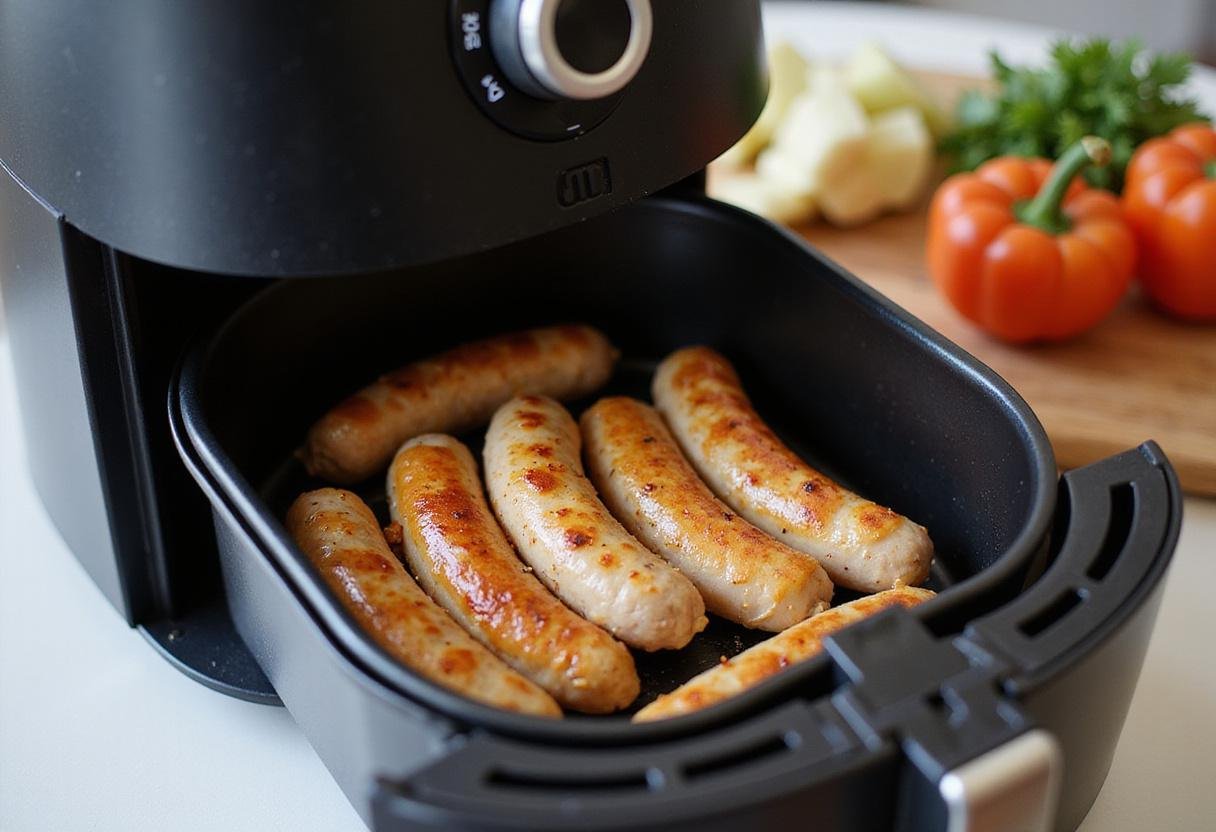 Seasoned chicken sausage links arranged in an air fryer basket, ready for cooking to perfection.