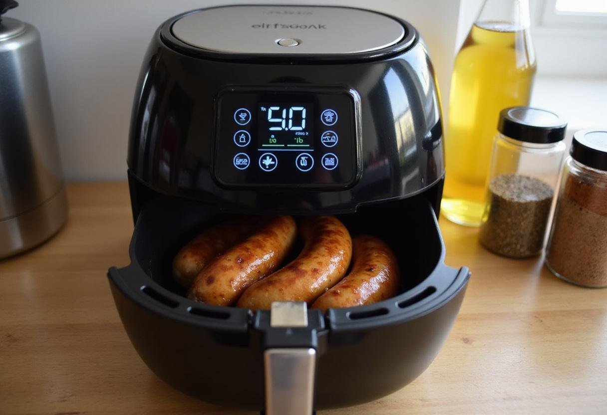 Setting the air fryer for chicken sausage with a digital display showing time and temperature for perfect cooking.