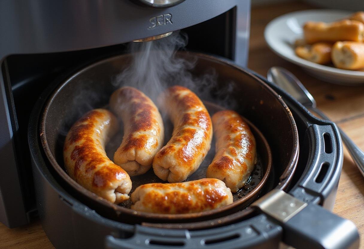 Perfectly cooked chicken sausages from the air fryer, ready to be served for a delicious meal.