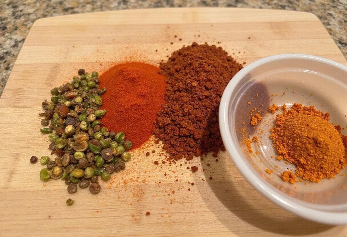 Crafting an aleppo chili pepper substitute with sweet paprika, cayenne pepper, and dried chili flakes on a cutting board.