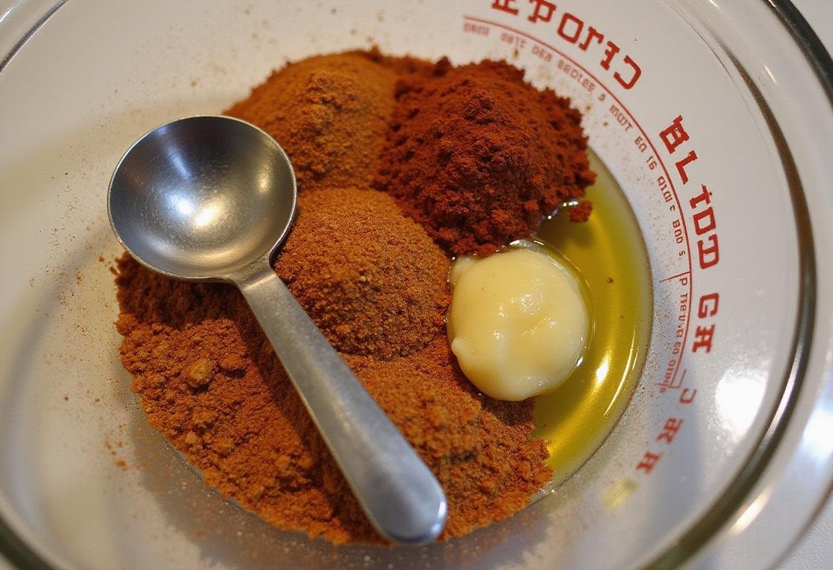 Adding olive oil to create a flavorful aleppo pepper alternative, showcasing the thoughtful process of spice blending.