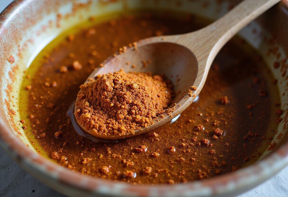 Blending spices with olive oil to form a rich aleppo pepper alternative, illustrating the preparation phase of the spice mix.