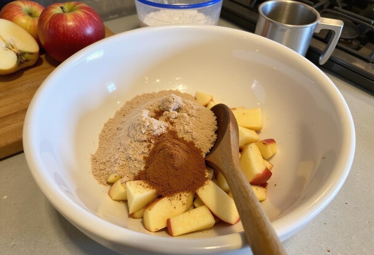 Mixing fresh diced apples and cinnamon for apple bagels on a kitchen countertop, showcasing the ingredients needed for the recipe.