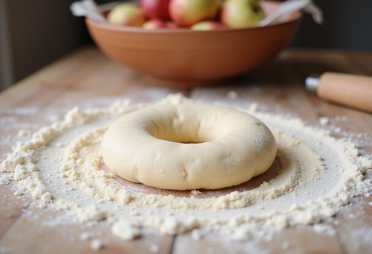 Kneading dough for apple bagels on a floured surface, capturing the technique needed for perfect bagels.